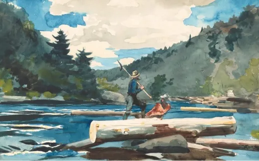 A watercolor painting shows two men riding logs down a scenic river with forested hills.
